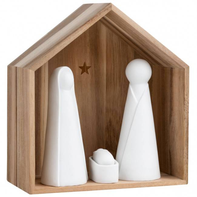 Crèche en bois et figurines porcelaine GM