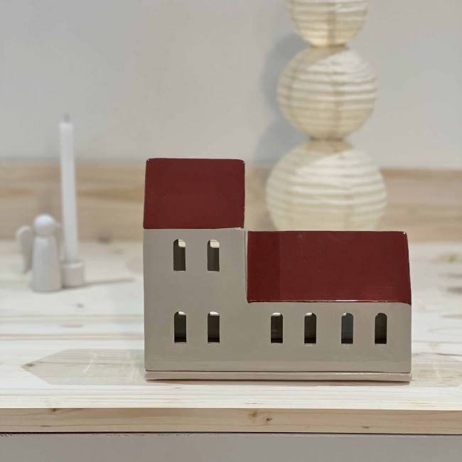 Maison photophore décorative en céramique - Toit rouge