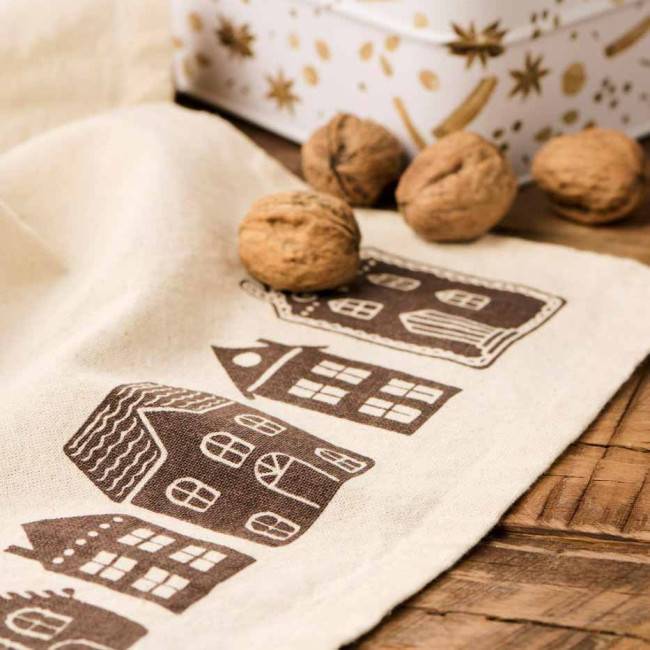 Torchon coton imprimé maisons IB Laursen – Beige naturel