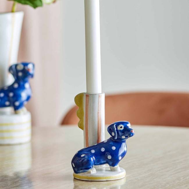 Bougeoir Teckel bleu en grès